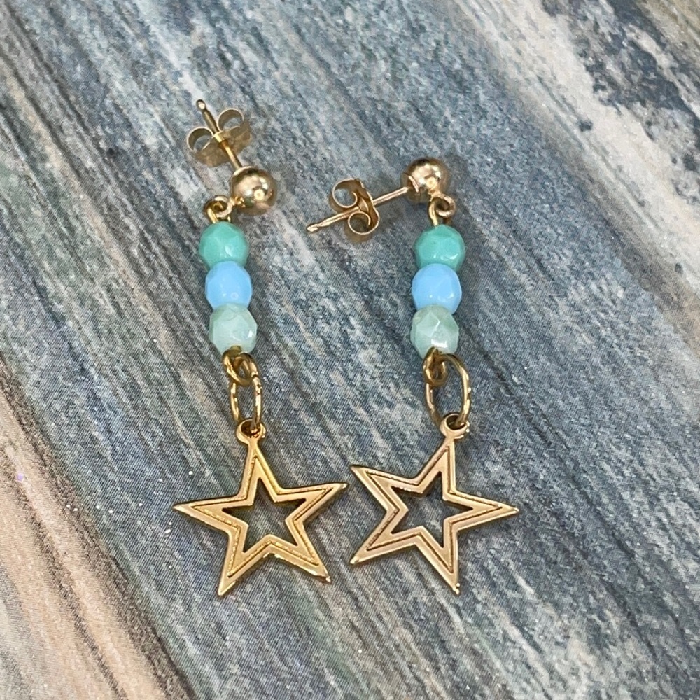 ⭐️Adorned Crown artisan assemblage gold star blue green bead post earrings